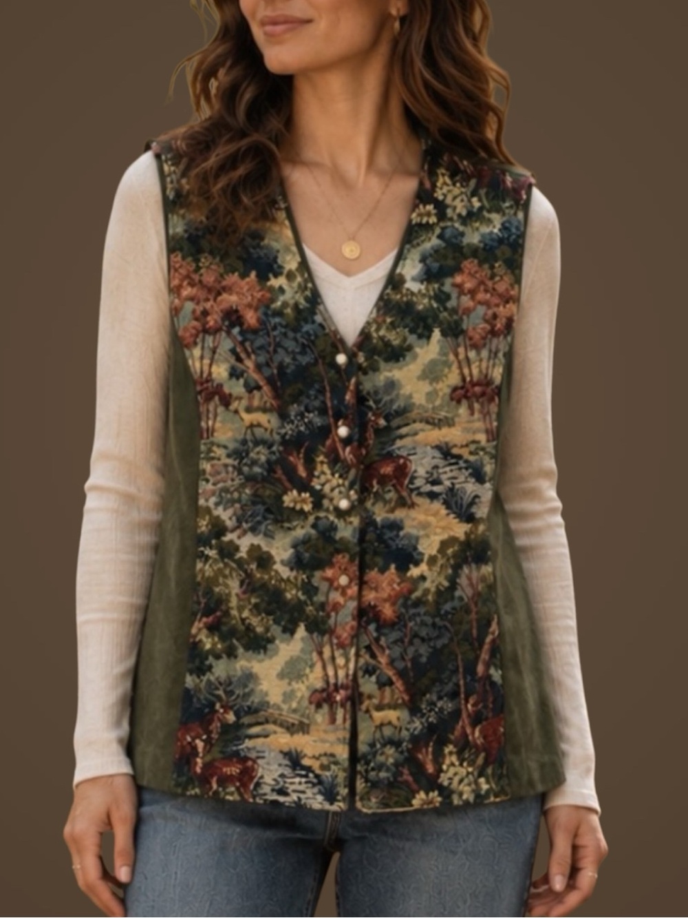 Vintage Tapestry Vest XL Woodland Forest Green Faux Suede Boho 90s